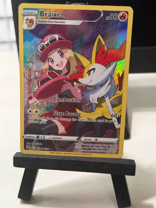 Trading card featuring a character with colorful design on a stand